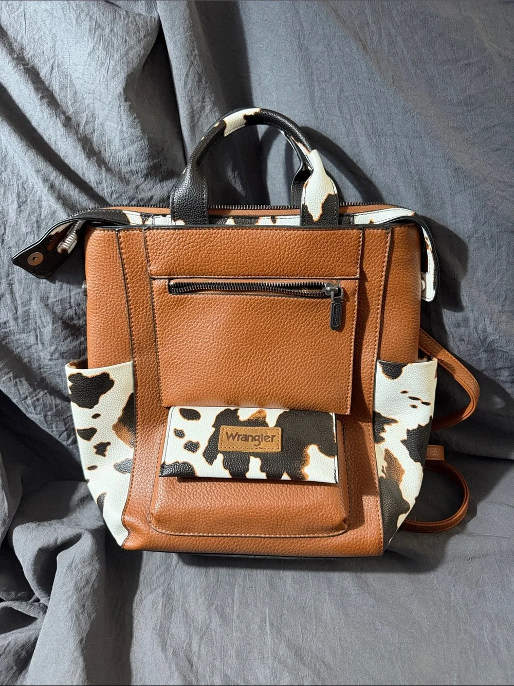 Wrangler Tan & White Cowprint Faux Leather Backpack Tote